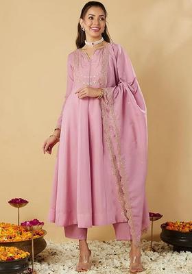 Pink Embroidered Silk Kurta Set