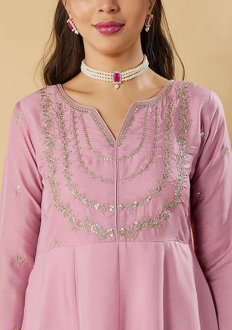 Pink Embroidered Silk Kurta Set - Indya