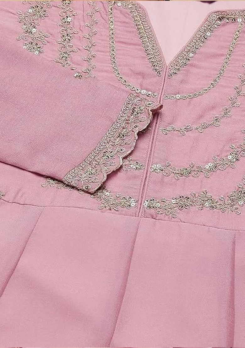 Pink Embroidered Silk Kurta Set - Indya