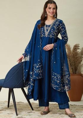 Blue Embroidered Silk Kurta Set