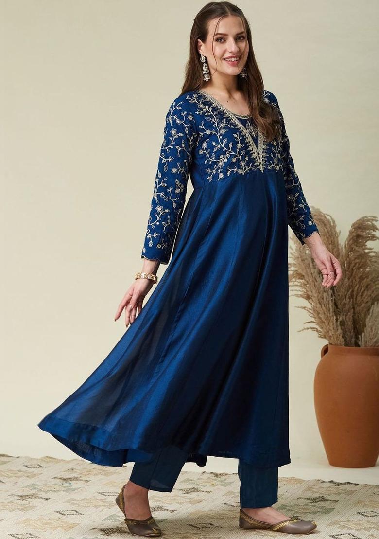 Blue Embroidered Silk Kurta Set - Indya
