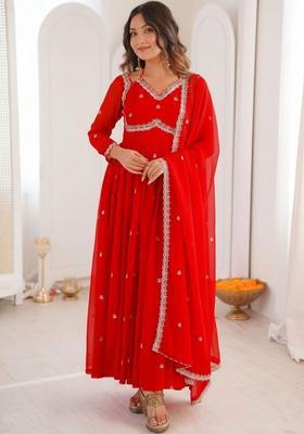 Red Embroidered Georgette Kurta Set