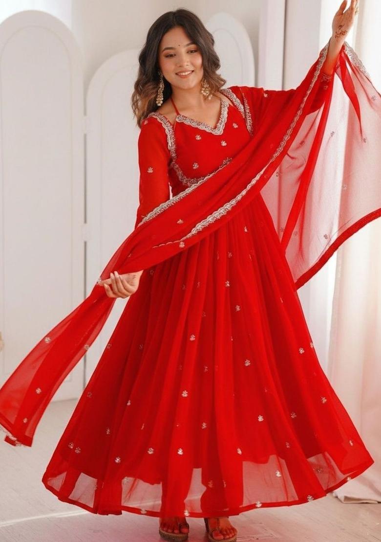 Red Embroidered Georgette Kurta Set - Indya