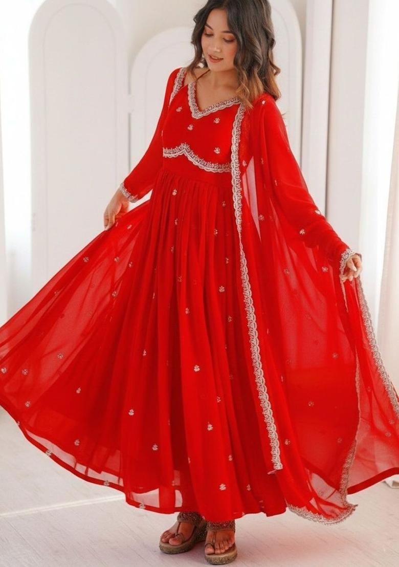 Red Embroidered Georgette Kurta Set - Indya