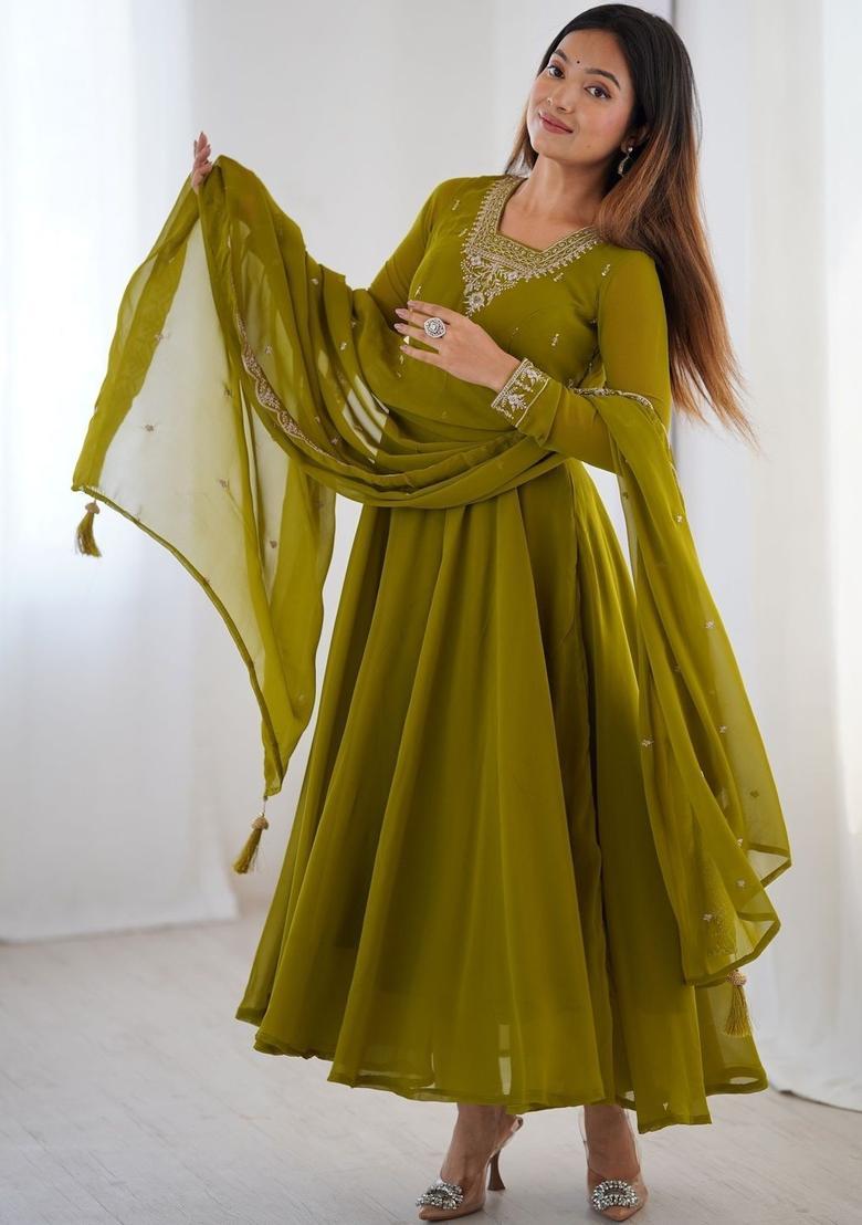 Olive Embroidered Georgette Kurta Set - Indya