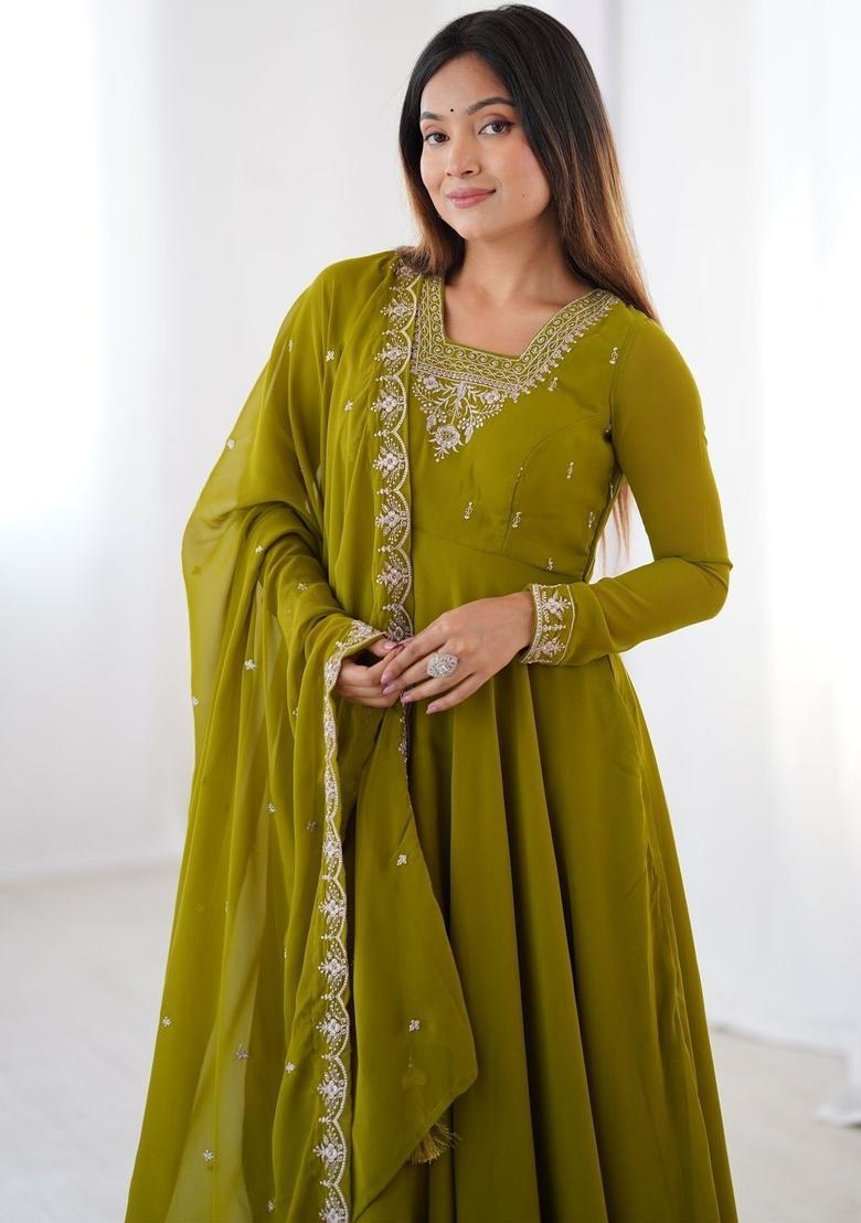Olive Embroidered Georgette Kurta Set - Indya
