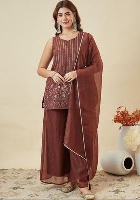 Brown Embroidered Silk Kurta Set