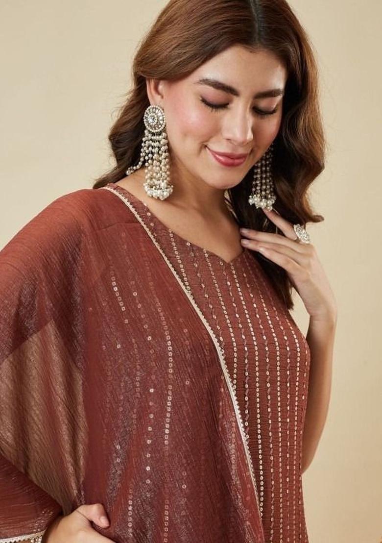 Brown Embroidered Silk Kurta Set - Indya