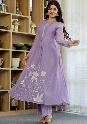 Purple Embroidered Silk Kurta Set