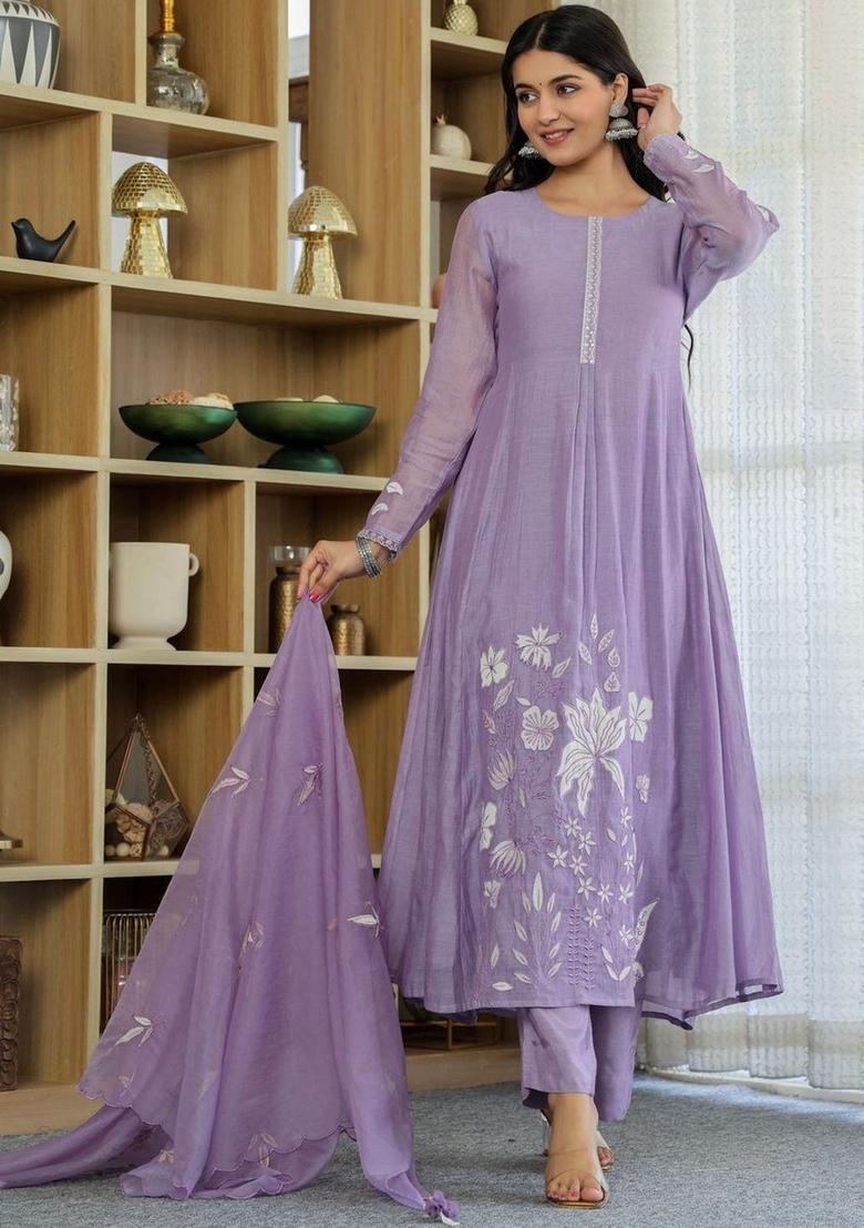 Purple Embroidered Silk Kurta Set - Indya