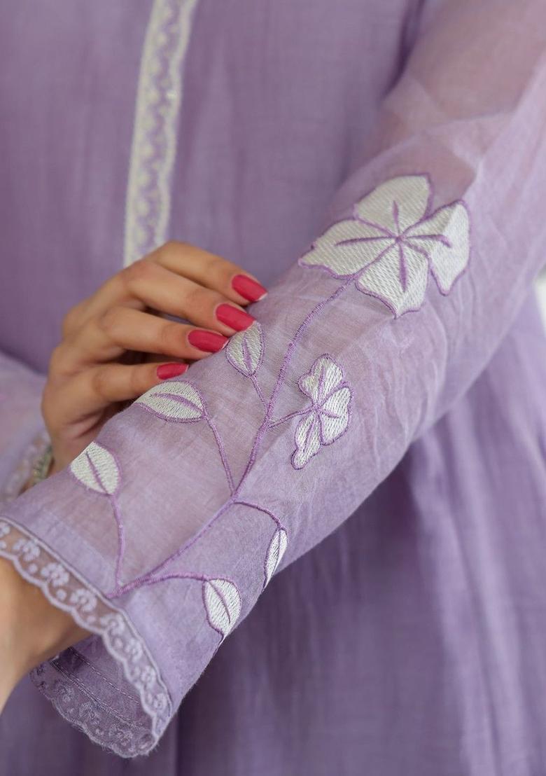 Purple Embroidered Silk Kurta Set - Indya