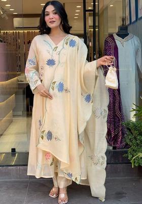 Cream Embroidered Silk Kurta Set