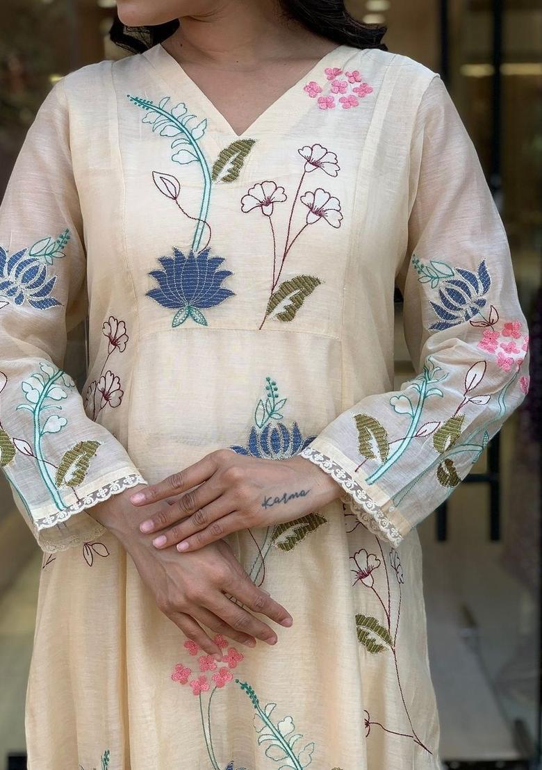Cream Embroidered Silk Kurta Set - Indya