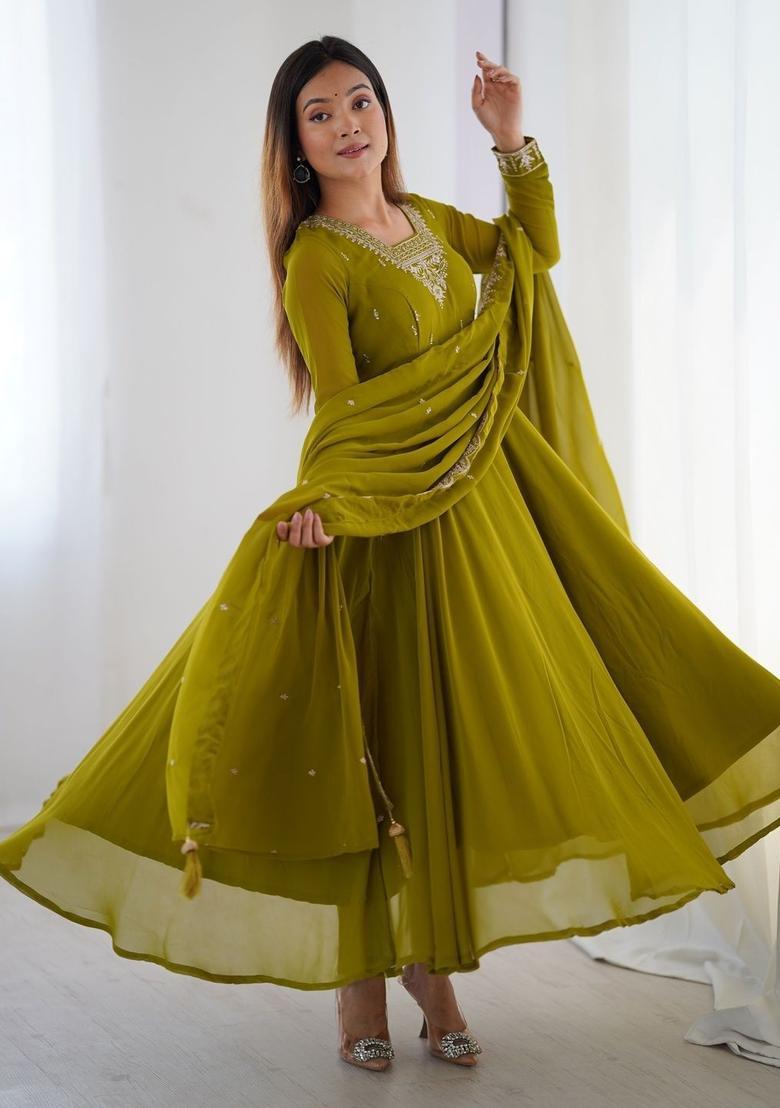 Olive Embroidered Georgette Kurta Set - Indya