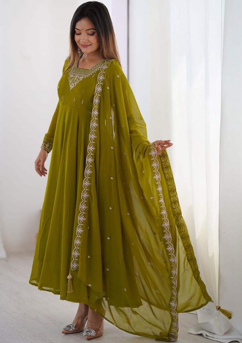 Olive Embroidered Georgette Kurta Set - Indya