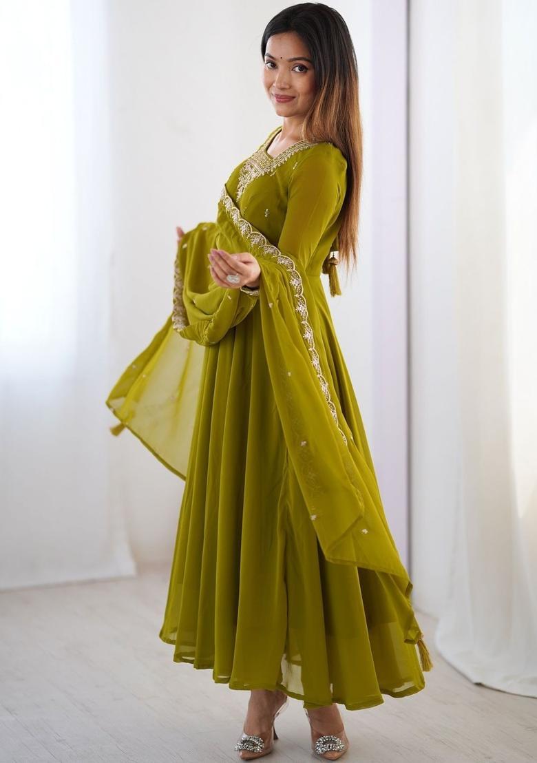 Olive Embroidered Georgette Kurta Set - Indya