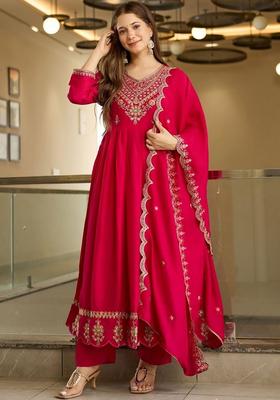 Red Embroidered Silk Kurta Set