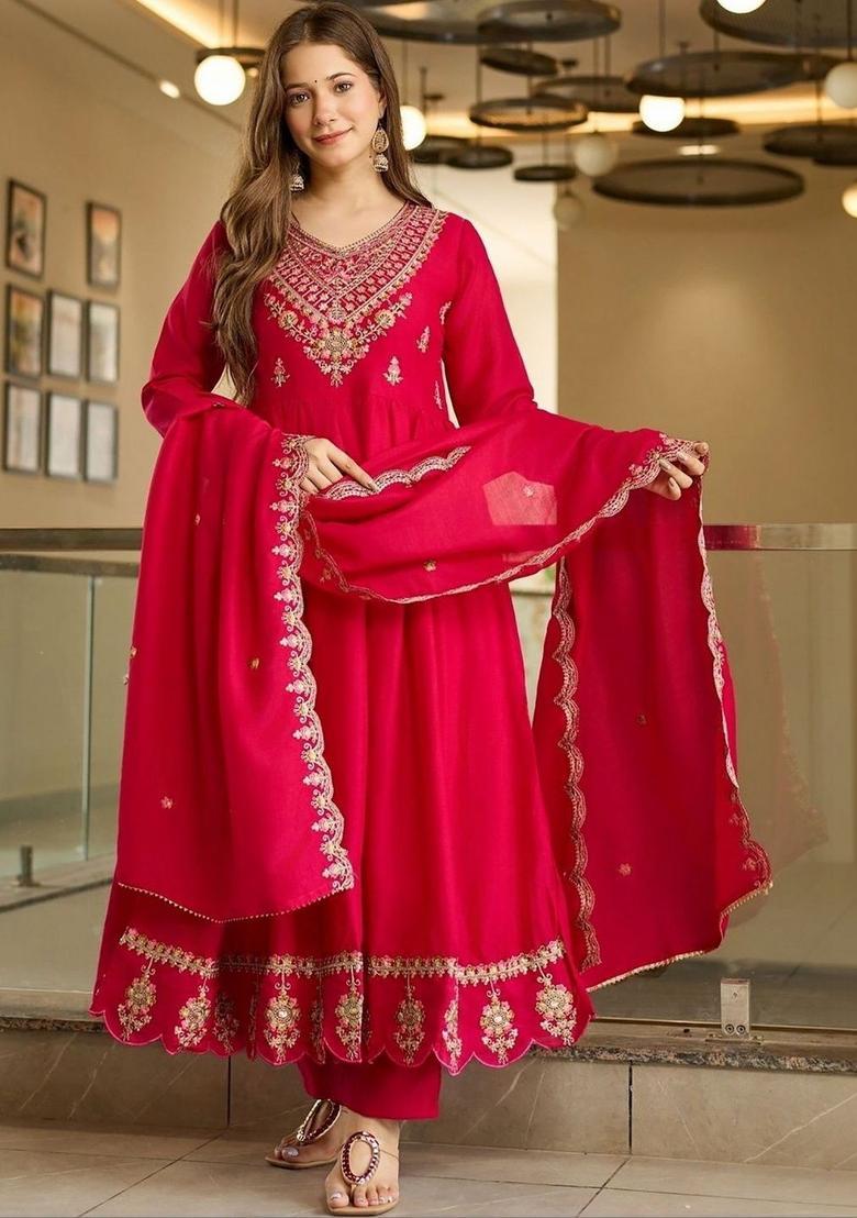 Red Embroidered Silk Kurta Set - Indya