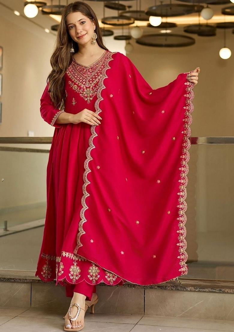 Red Embroidered Silk Kurta Set - Indya