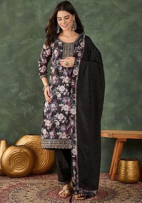 Black Printed Chinon Kurta Set
