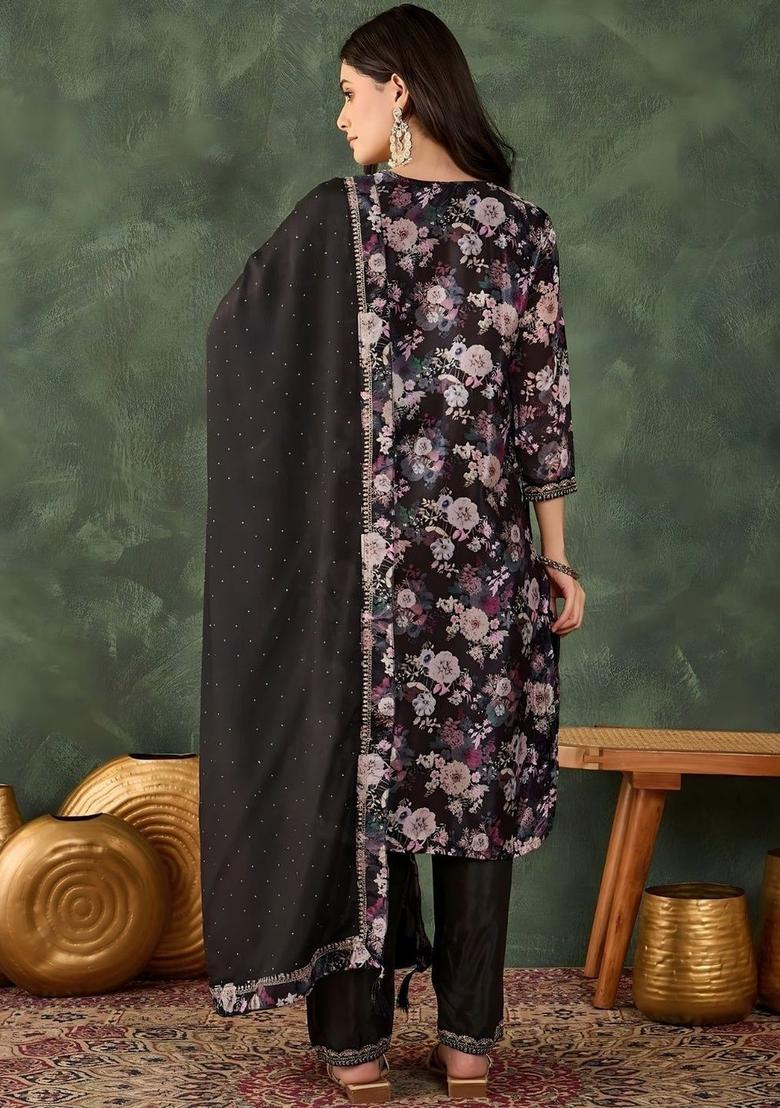 Black Printed Chinon Kurta Set - Indya