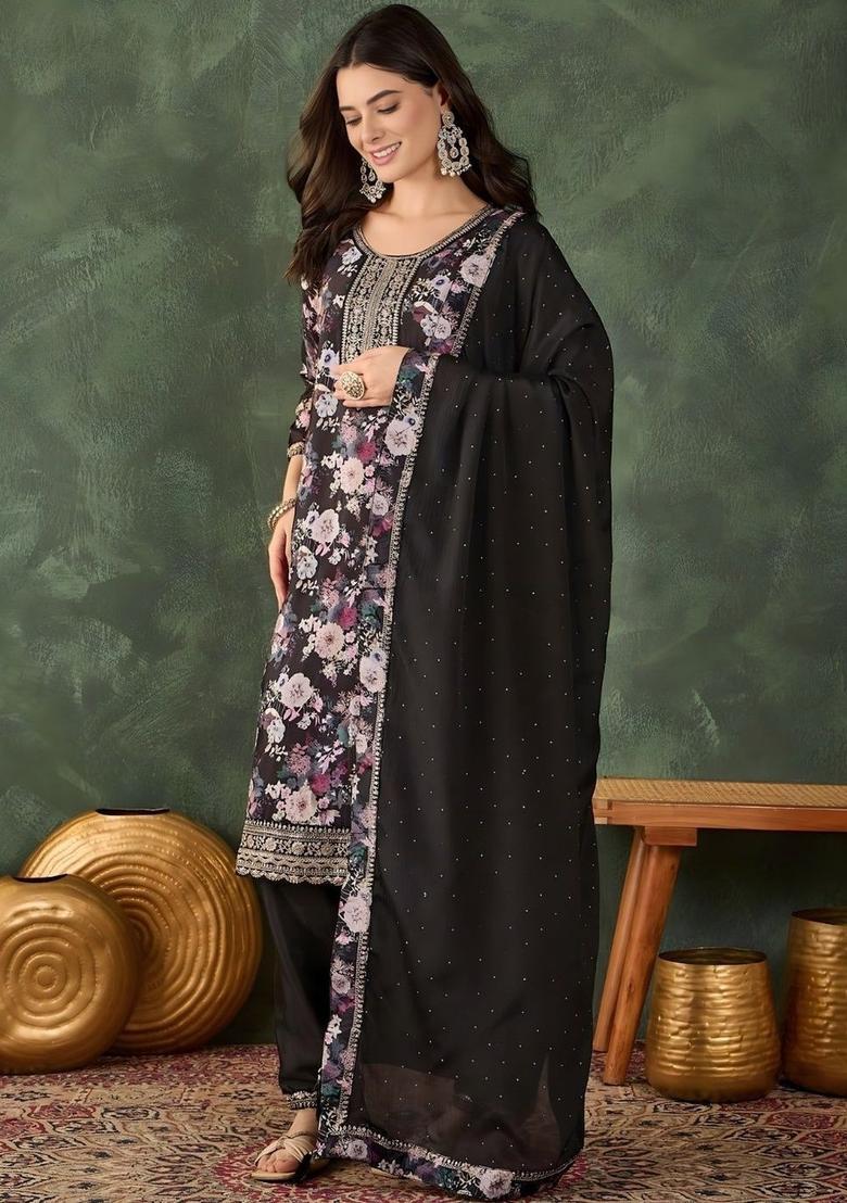 Black Printed Chinon Kurta Set - Indya