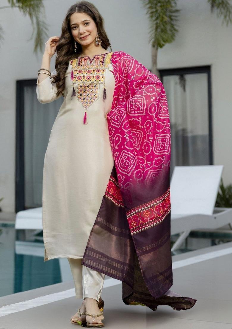 Off White Embroidered Viscose Kurta Set - Indya