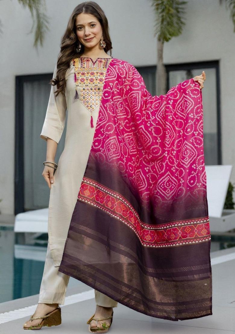 Off White Embroidered Viscose Kurta Set - Indya