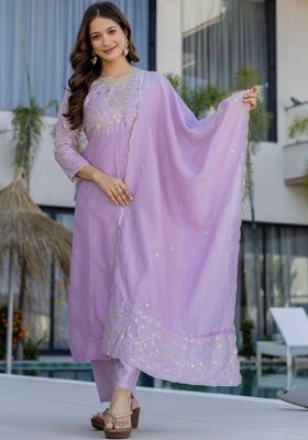 Lavender Embroidered Silk Kurta Set