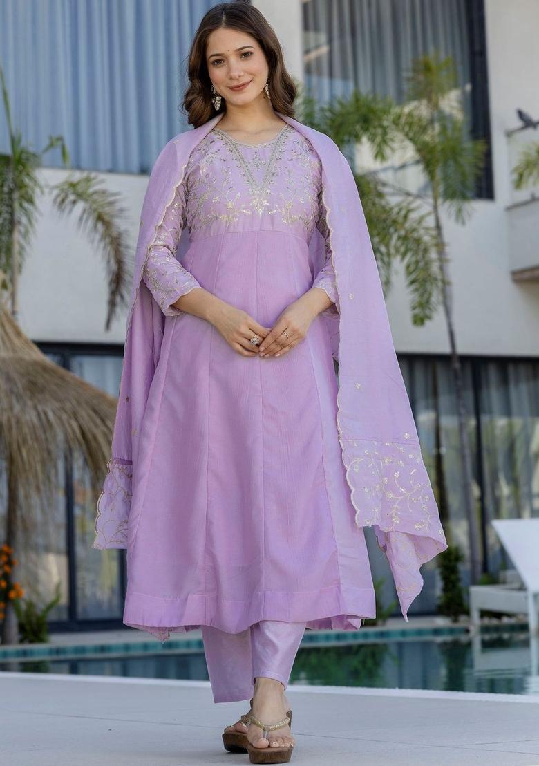 Lavender Embroidered Silk Kurta Set - Indya