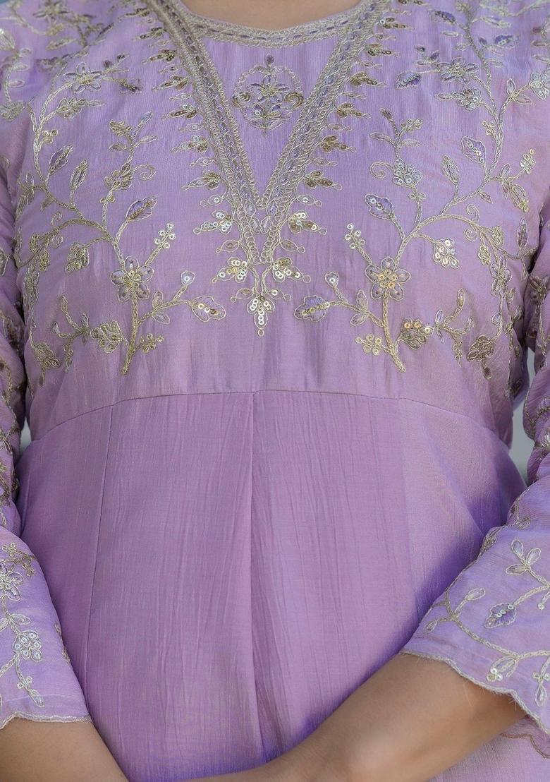 Lavender Embroidered Silk Kurta Set - Indya