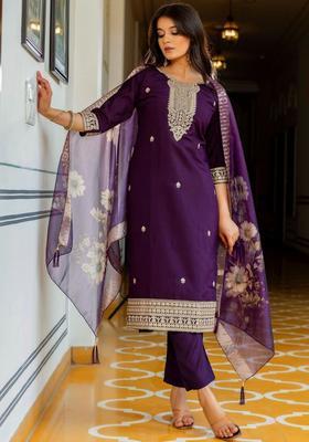 Purple Embroidered Silk Kurta Set