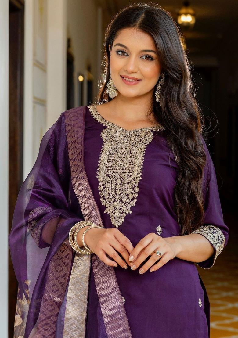 Purple Embroidered Silk Kurta Set - Indya
