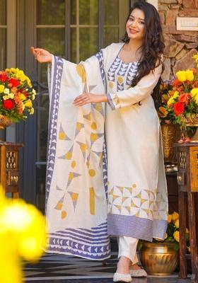 Off White Printed Silk Kurta Set