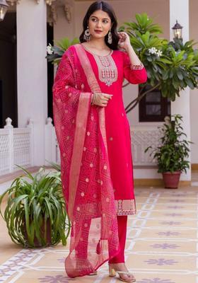 Red Embroidered Silk Kurta Set