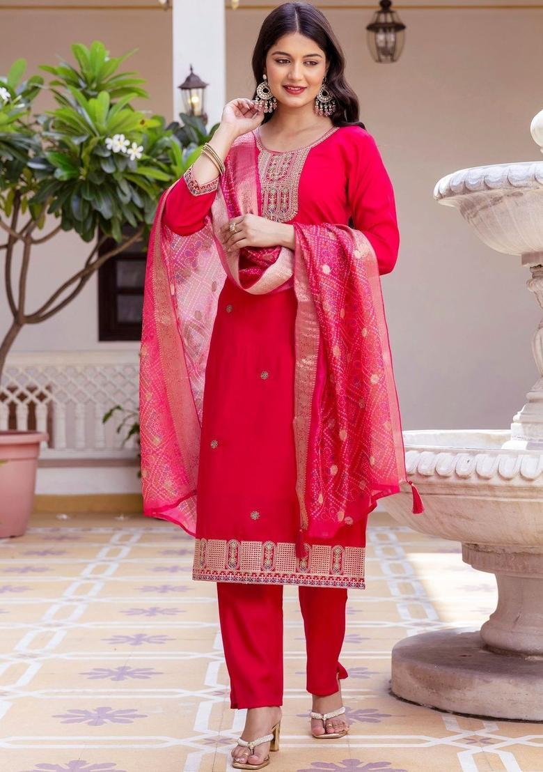 Red Embroidered Silk Kurta Set - Indya