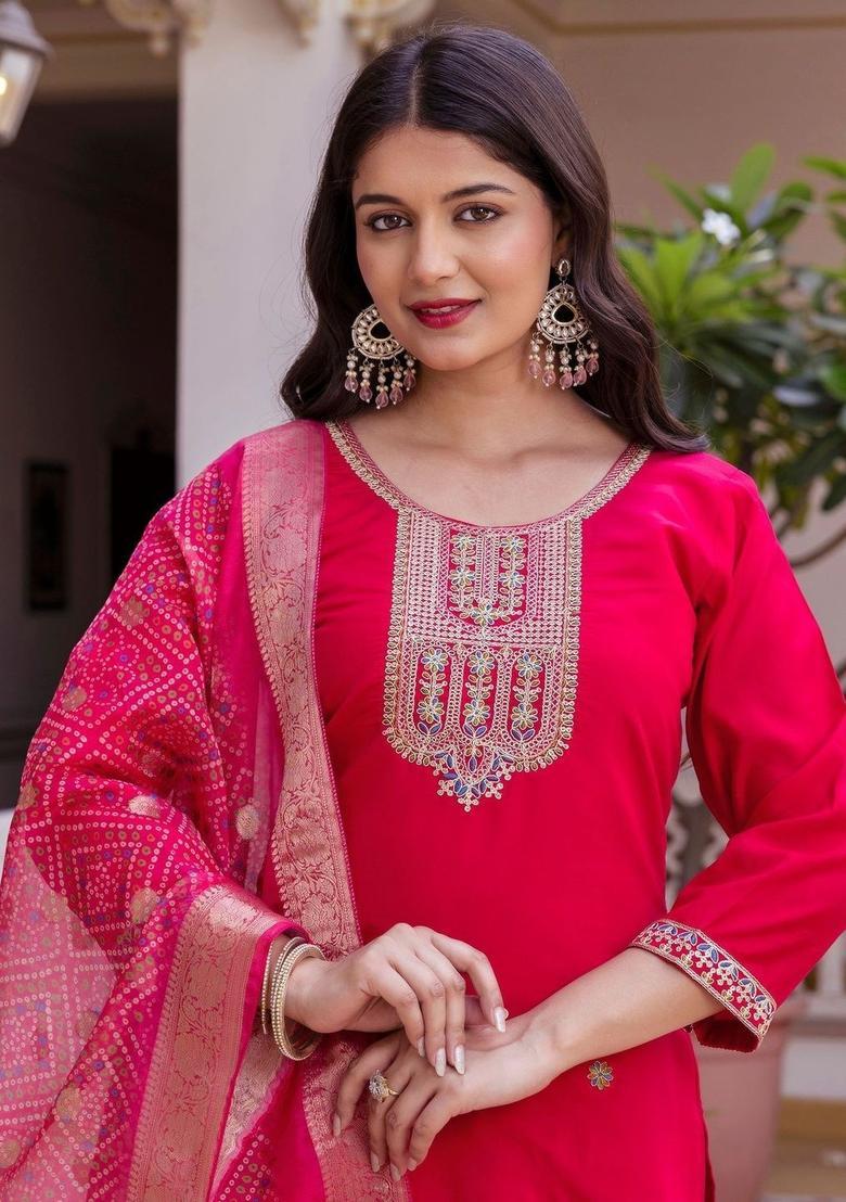 Red Embroidered Silk Kurta Set - Indya