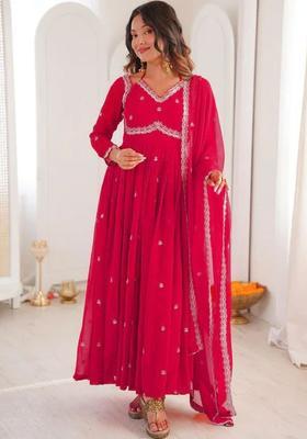 Red Embroidered Georgette Kurta Set