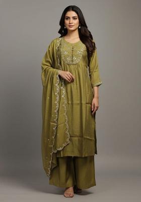 Olive Embroidered Cotton Kurta Set