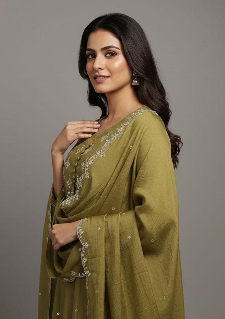 Olive Embroidered Cotton Kurta Set - Indya