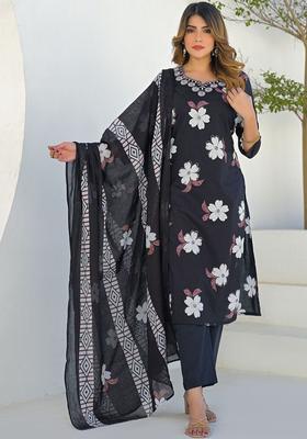 Black Printed Cotton Kurta Set
