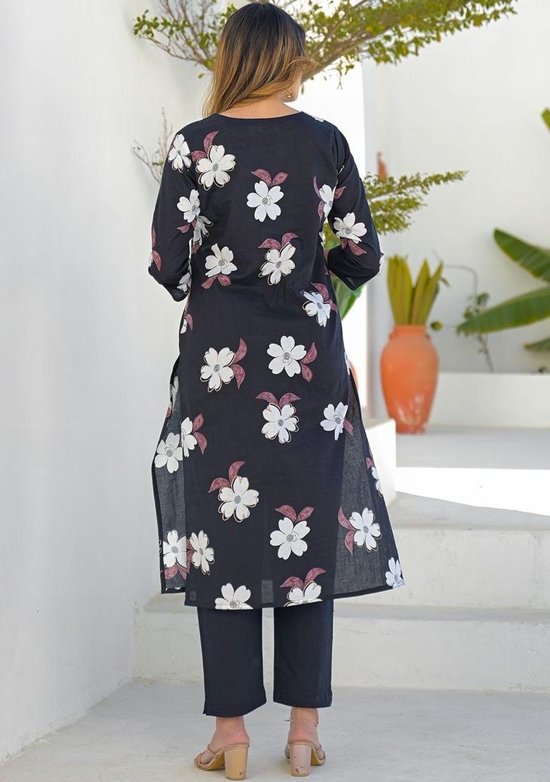 Black Printed Cotton Kurta Set - Indya