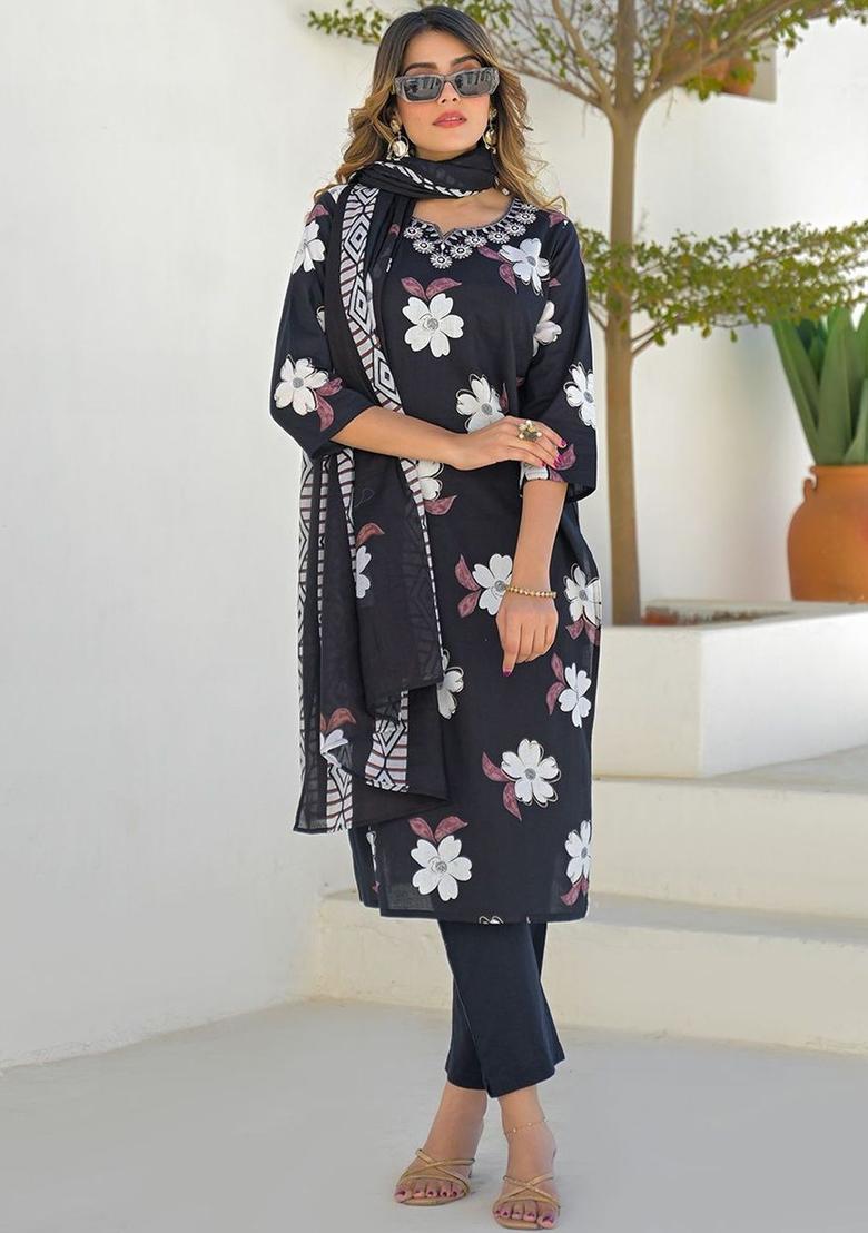 Black Printed Cotton Kurta Set - Indya