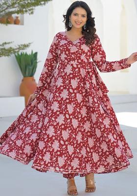 Red Printed Cotton Kurta Set