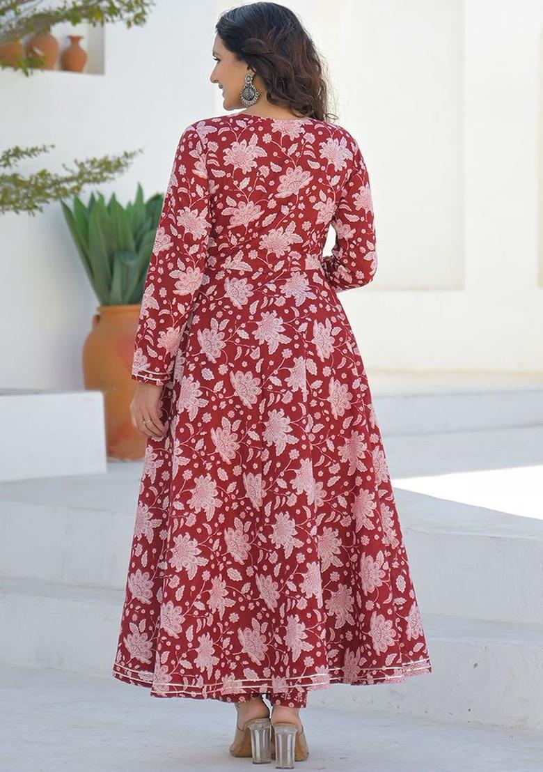 Red Printed Cotton Kurta Set - Indya