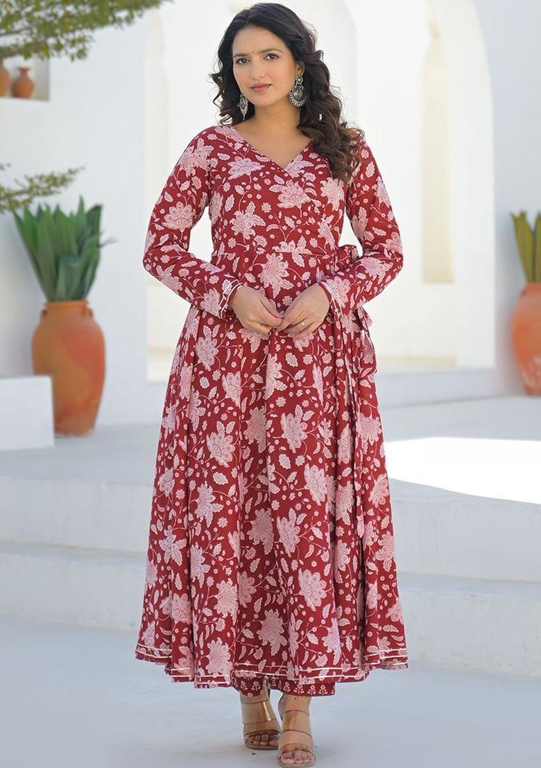 Red Printed Cotton Kurta Set - Indya