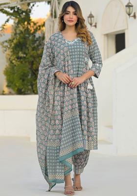 Teal Printed Cotton Kurta Set