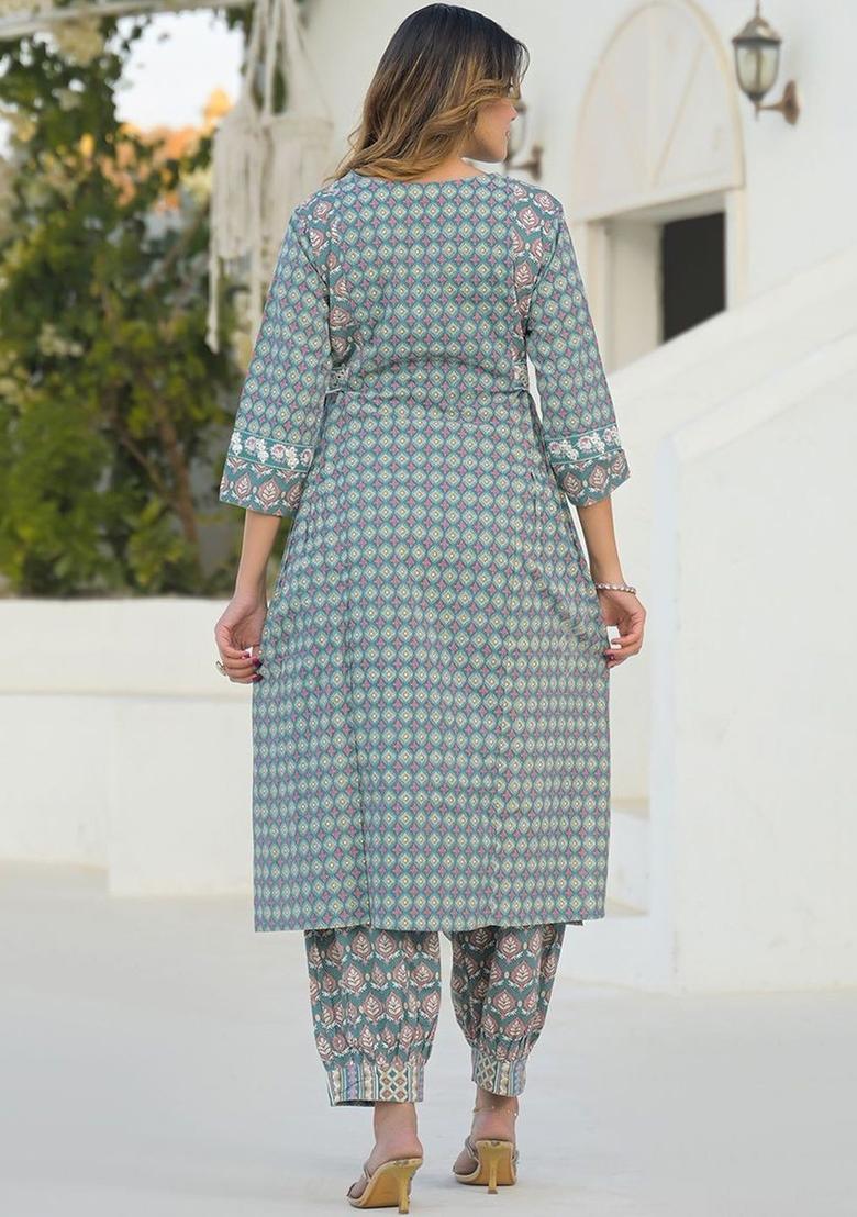 Teal Printed Cotton Kurta Set - Indya