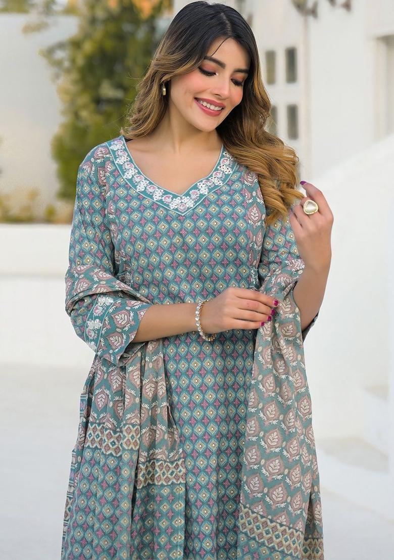Teal Printed Cotton Kurta Set - Indya