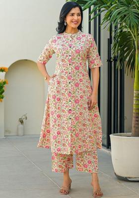 Off White Printed Cotton Kurta Set